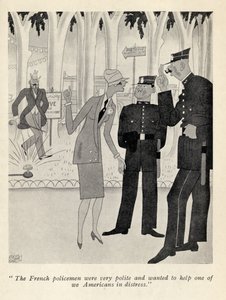 "De franska poliserna var mycket artiga...", illustration från "But Gentlemen Marry Brunettes" av Anita Loos, publicerad 1928